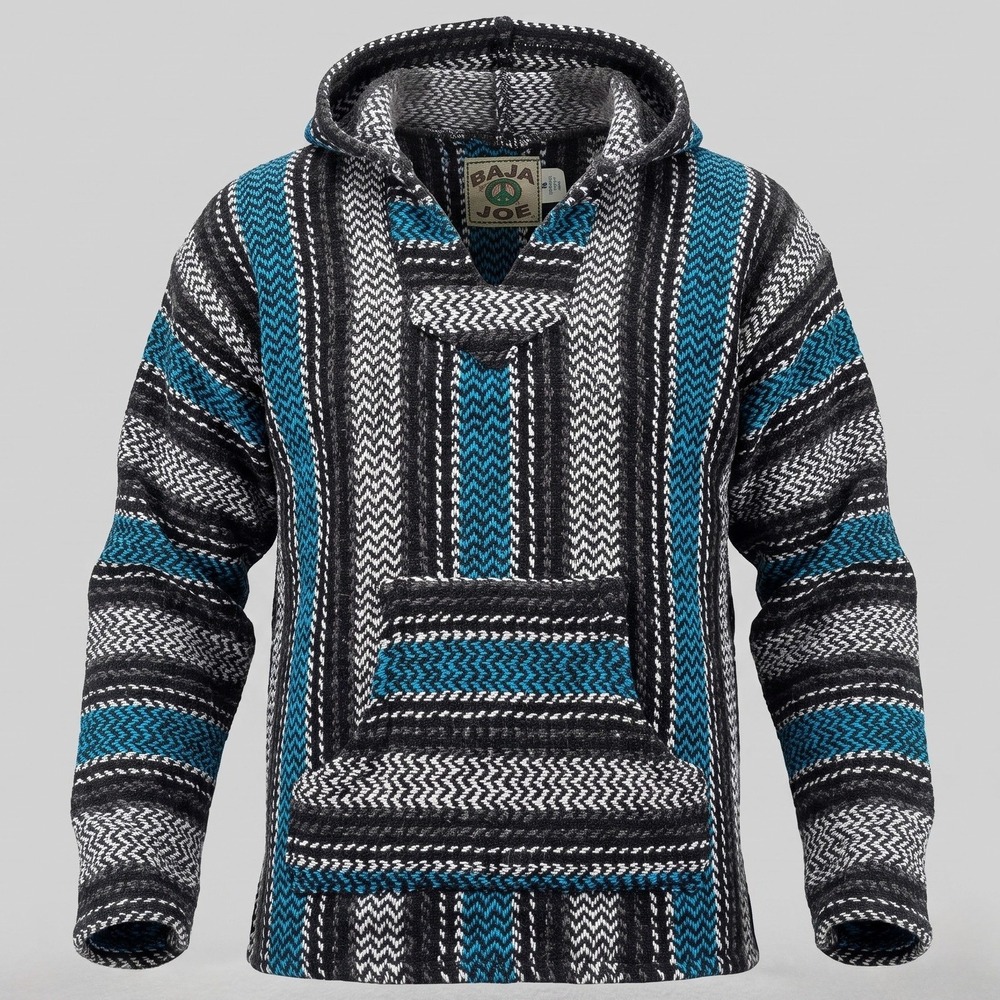 Baja Joe Mens Medium Blue Striped Hoodie Baja Drug Rug Pullover Woven Hoodie